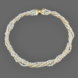 Freshwater Rice Pearls Multi Strand Necklace White Gold Tone Bow Clasp 16.5in
